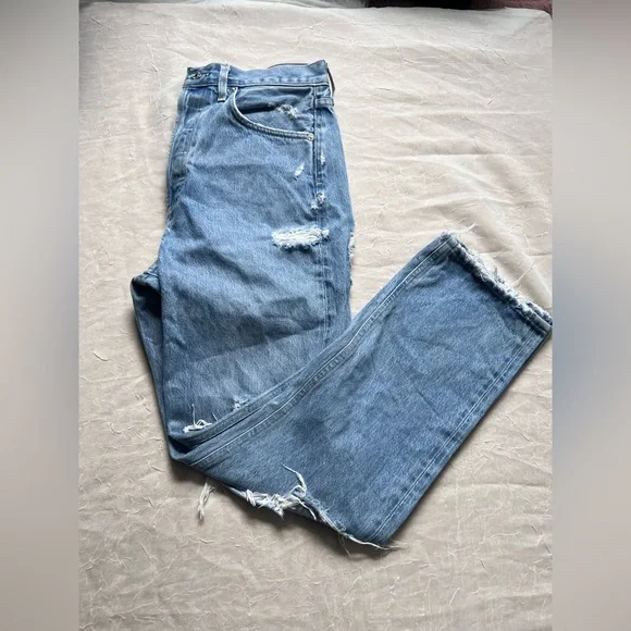 Agolde Blue Flare Wide Leg Jeans with Distressed Detailing - Picture 8 of 9